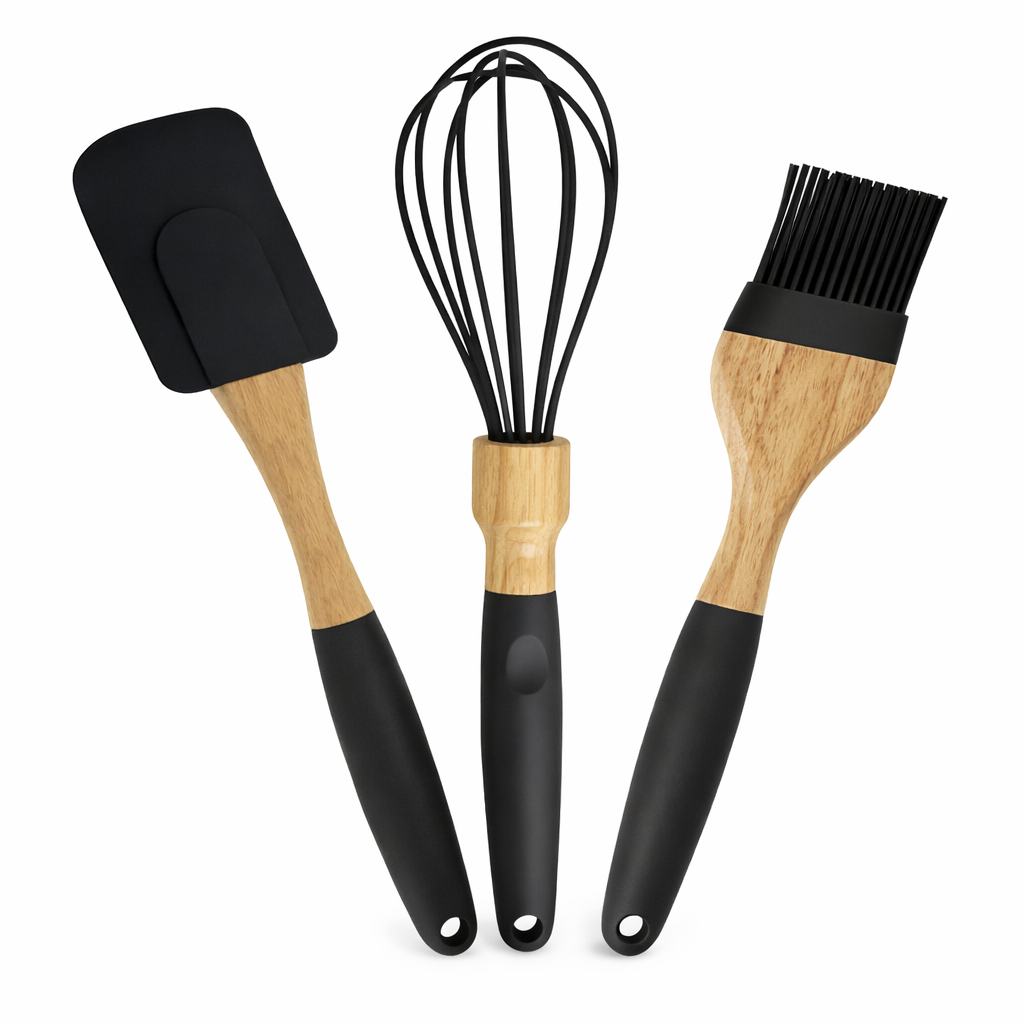 3PCS Non-Stick Baking Spoon Set – Silicone Spatula, Balloon Whisk & Basting Brush with Wooden Handles
